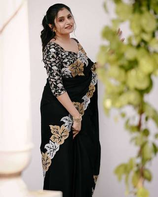 Black chiffon embroidered thread work heavy look ethnic saree with blouse 3