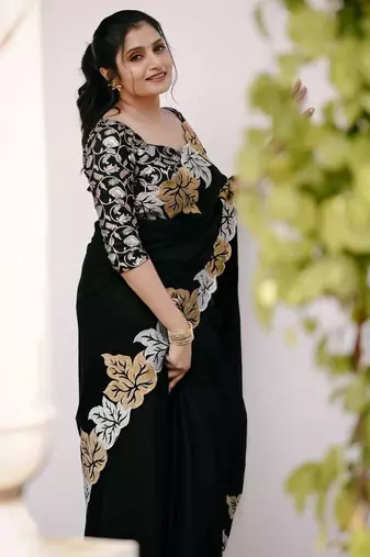 Black chiffon embroidered thread work heavy look ethnic saree with blouse