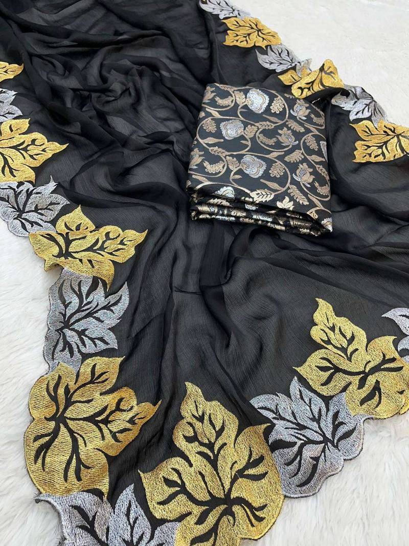 Black chiffon embroidered thread work heavy look ethnic saree with blouse