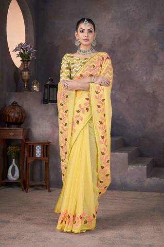 Yellow georgette embroidered thread work heavy look ethnic saree with blouse