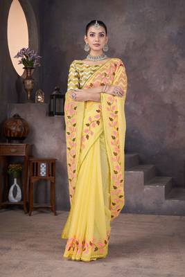 Yellow georgette embroidered thread work heavy look ethnic saree with blouse 1