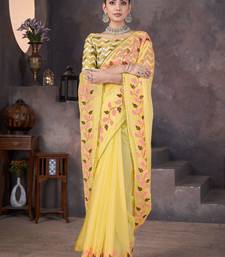 Yellow georgette embroidered thread work heavy look ethnic saree with blouse