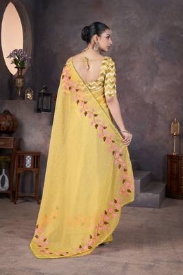 Yellow georgette embroidered thread work heavy look ethnic saree with blouse 2