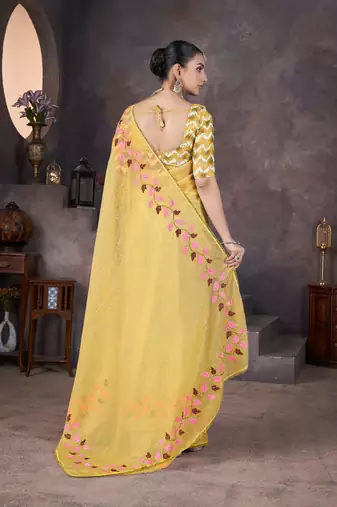 Yellow georgette embroidered thread work heavy look ethnic saree with blouse