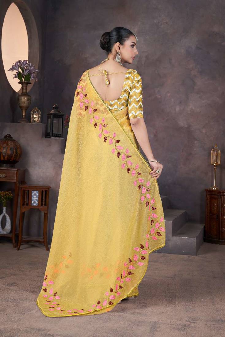 Yellow georgette embroidered thread work heavy look ethnic saree with blouse
