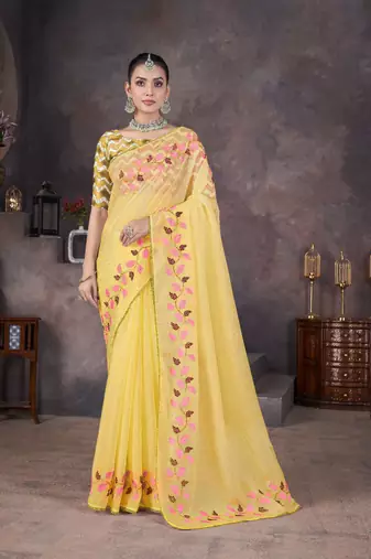Yellow georgette embroidered thread work heavy look ethnic saree with blouse