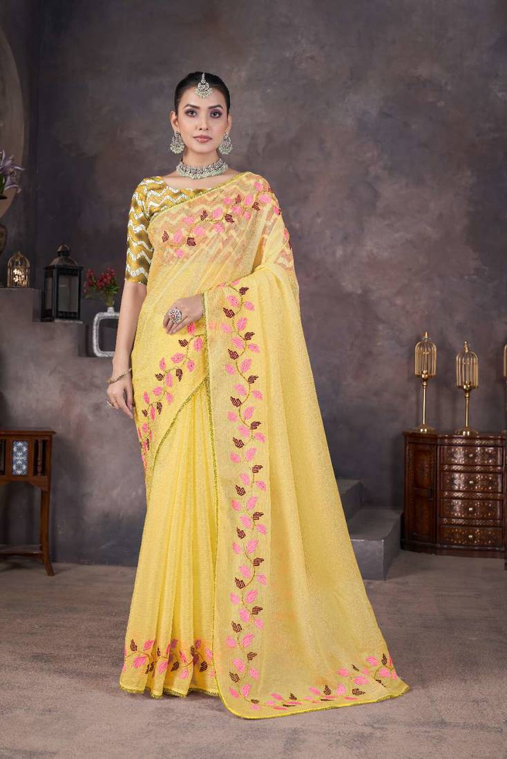 Yellow georgette embroidered thread work heavy look ethnic saree with blouse