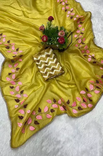 Yellow georgette embroidered thread work heavy look ethnic saree with blouse