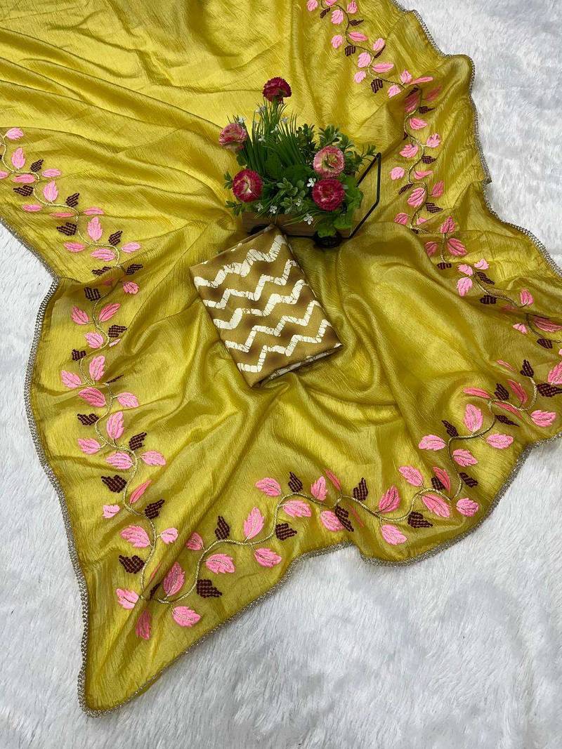 Yellow georgette embroidered thread work heavy look ethnic saree with blouse