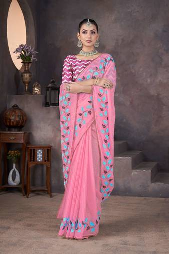 Pink georgette embroidered thread work heavy look ethnic saree with blouse
