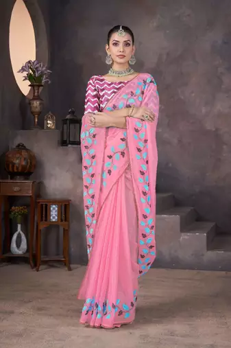 Pink georgette embroidered thread work heavy look ethnic saree with blouse