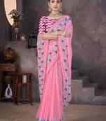 Pink georgette embroidered thread work heavy look ethnic saree with blouse