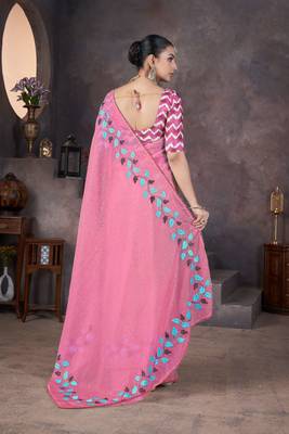 Pink georgette embroidered thread work heavy look ethnic saree with blouse 2