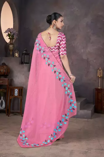 Pink georgette embroidered thread work heavy look ethnic saree with blouse