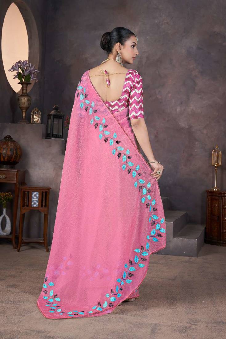 Pink georgette embroidered thread work heavy look ethnic saree with blouse