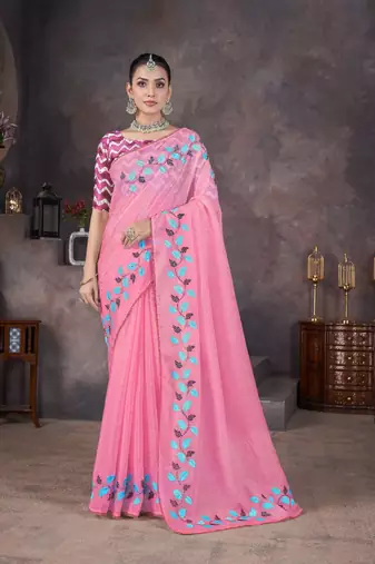 Pink georgette embroidered thread work heavy look ethnic saree with blouse