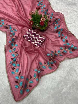 Pink georgette embroidered thread work heavy look ethnic saree with blouse 4
