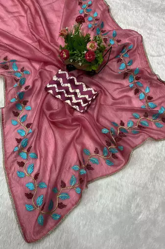 Pink georgette embroidered thread work heavy look ethnic saree with blouse