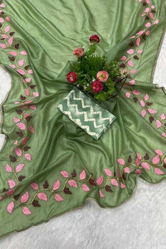 Green georgette embroidered thread work heavy look ethnic saree with blouse