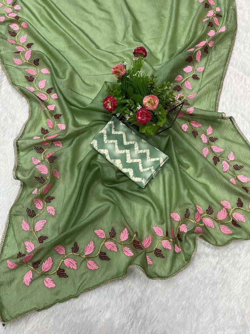 Green georgette embroidered thread work heavy look ethnic saree with blouse