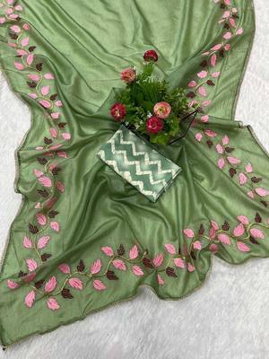 Green georgette embroidered thread work heavy look ethnic saree with blouse 1