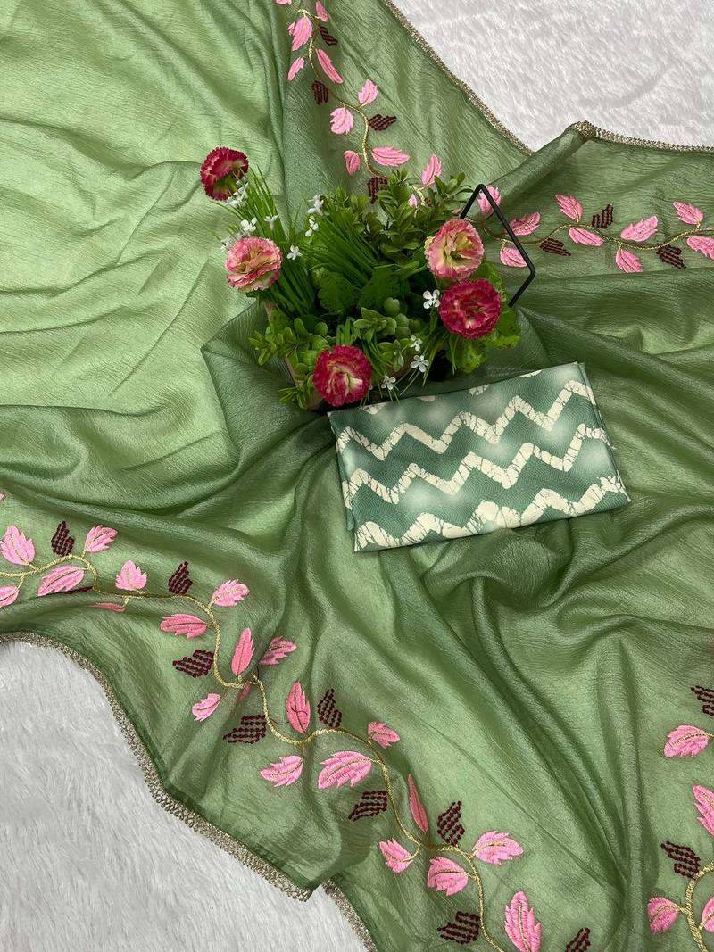 Green georgette embroidered thread work heavy look ethnic saree with blouse
