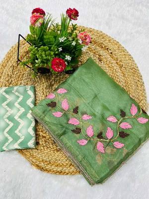 Green georgette embroidered thread work heavy look ethnic saree with blouse 4
