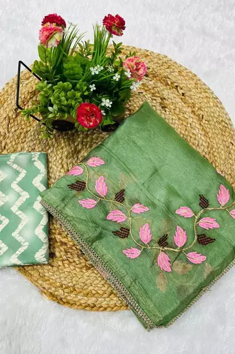 Green georgette embroidered thread work heavy look ethnic saree with blouse