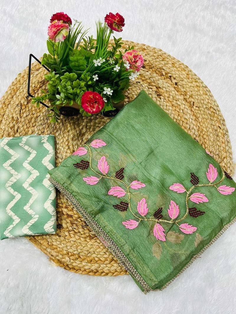 Green georgette embroidered thread work heavy look ethnic saree with blouse