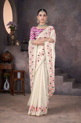Beige georgette embroidered thread work heavy look ethnic saree with blouse