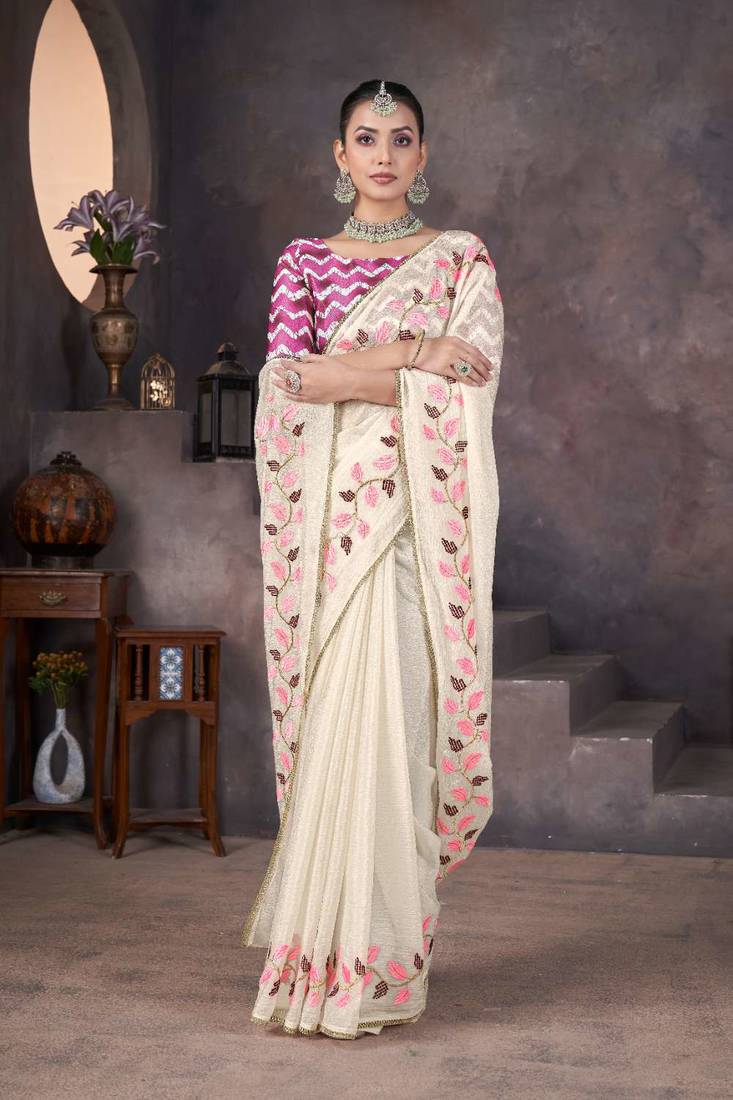 Beige georgette embroidered thread work heavy look ethnic saree with blouse