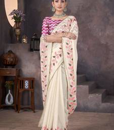 Beige georgette embroidered thread work heavy look ethnic saree with blouse