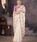 Beige georgette embroidered thread work heavy look ethnic saree with blouse