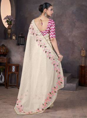 Beige georgette embroidered thread work heavy look ethnic saree with blouse 2