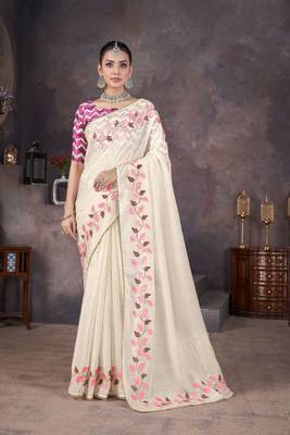 Beige georgette embroidered thread work heavy look ethnic saree with blouse 3