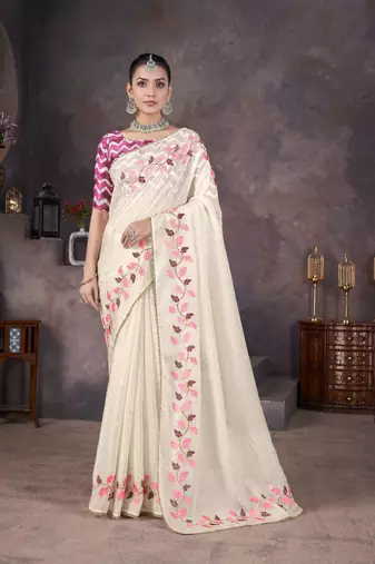 Beige georgette embroidered thread work heavy look ethnic saree with blouse