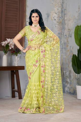 Yellow net embroidered thread work heavy look ethnic saree with blouse