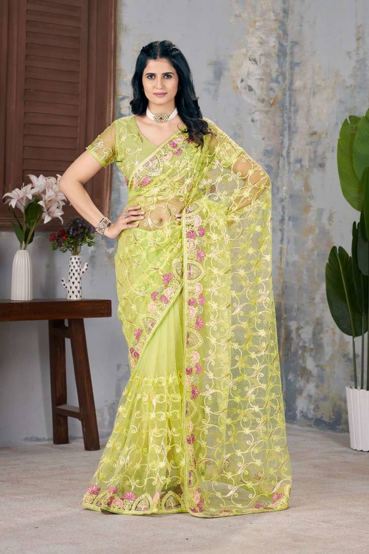 Yellow net embroidered thread work heavy look ethnic saree with blouse