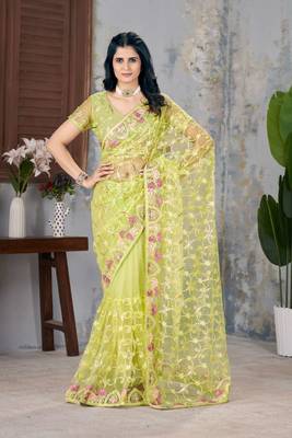 Yellow net embroidered thread work heavy look ethnic saree with blouse 1