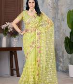 Yellow net embroidered thread work heavy look ethnic saree with blouse