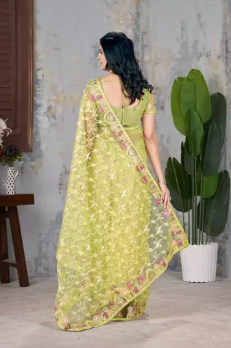 Yellow net embroidered thread work heavy look ethnic saree with blouse