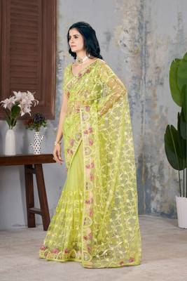 Yellow net embroidered thread work heavy look ethnic saree with blouse 3