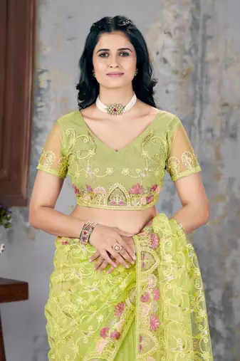 Yellow net embroidered thread work heavy look ethnic saree with blouse