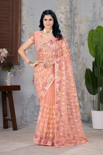 Peach net embroidered thread work heavy look ethnic saree with blouse