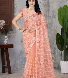 Peach net embroidered thread work heavy look ethnic saree with blouse