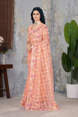 Peach net embroidered thread work heavy look ethnic saree with blouse 3