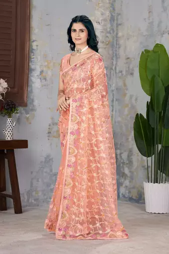 Peach net embroidered thread work heavy look ethnic saree with blouse