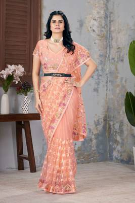 Peach net embroidered thread work heavy look ethnic saree with blouse 4