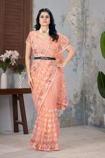 Peach net embroidered thread work heavy look ethnic saree with blouse