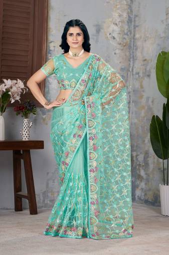 Turquoise net embroidered thread work heavy look ethnic saree with blouse